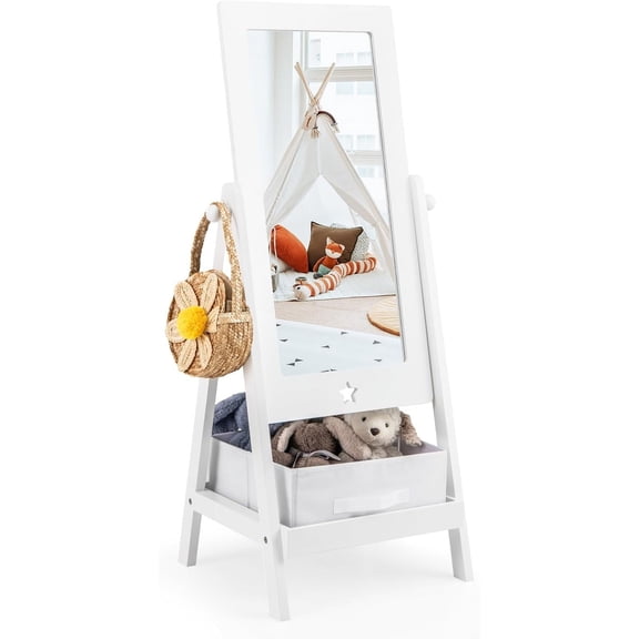 GLACER Kids Wooden Standing Mirror, Freestanding Full Length Dressing Mirror w/Bottom Shelf & Foldable Storage Bin, 360 Degree Rotatable Rectangular Floor Mirror for Kids Bedroom Playroom