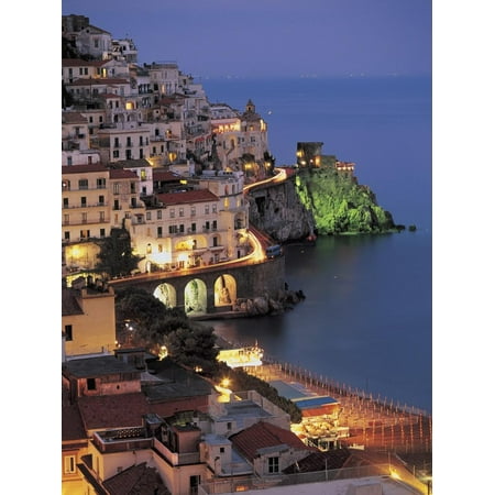 High Angle View of Buildings Lit Up at Night, Amalfi Coast, Campania, Italy Print Wall