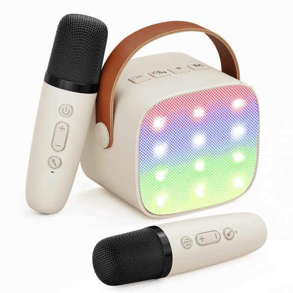 Mini Karaoke Machine for Kids, Portable Speaker with 2 Wireless Microphones for Singing, Gift for 4-12 Years Old Girls, Beige