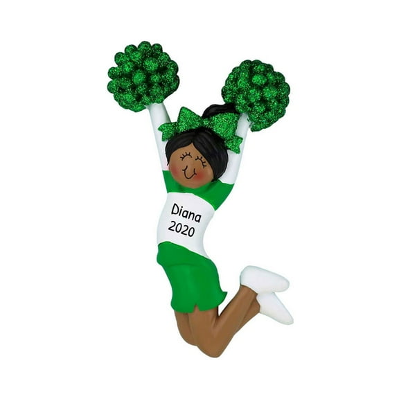 Ornaments by Elves Personalized African American Cheerleader Ornament in Green Uniform .25 lbs