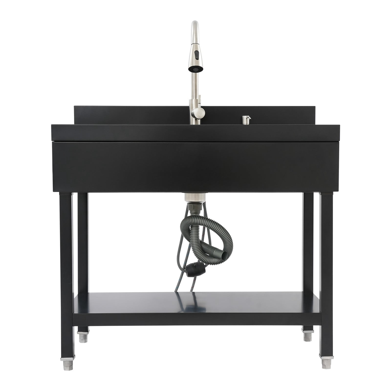 Freestanding Sink, Kitchen Sink, Black Stainless Utility Laundry Basin, 35.4”, 201 Steel, 360° Swivel Pull-Out Faucet, Dual Water Modes, Hot & Cold, Storage Shelf, Draining Basket, Durable