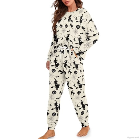 Qpednta Womens Pajamas Set Stylish 2 Piece Witch Pumpkin Loungewear, Crewneck Long Sleeve Loose Fit, Stretchy Softness Skin Friendly, with Pocket for Jogger Home Life