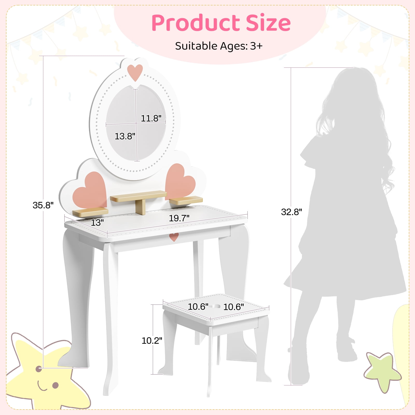 Pirecart Kids Vanity Table and Chair, Makeup Dressing Set with Round Mirrors and 8 Pcs Pretend Play Accessories, White