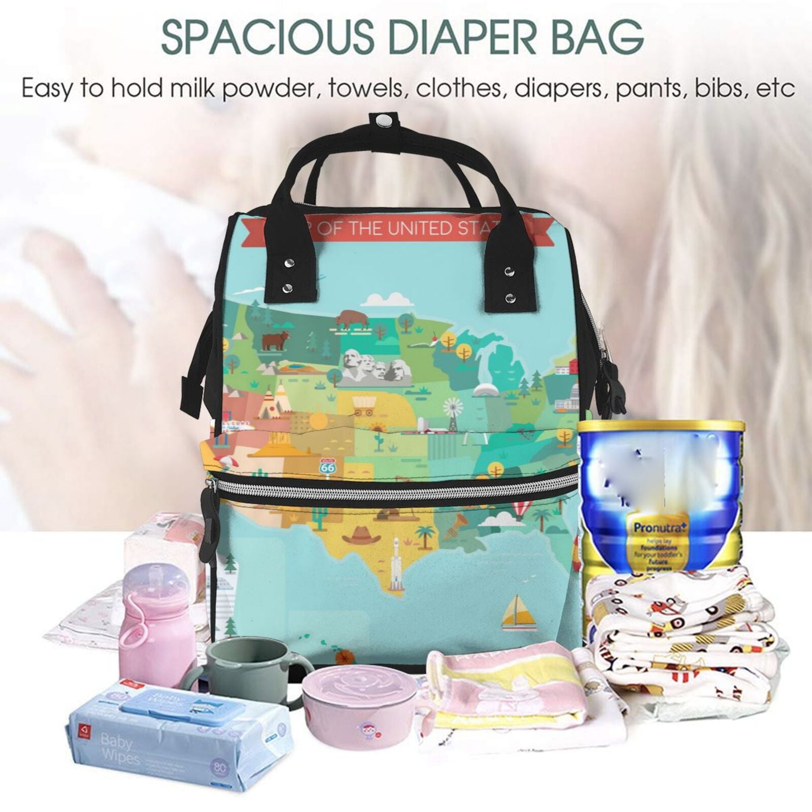 Defioc USA Tourist Map for Baby Diaper Bag Backpack - Baby Bag for Boys & Girls - Diaper Backpack - Large Travel Diaper Bags- Baby Registry Search & Shower Gifts