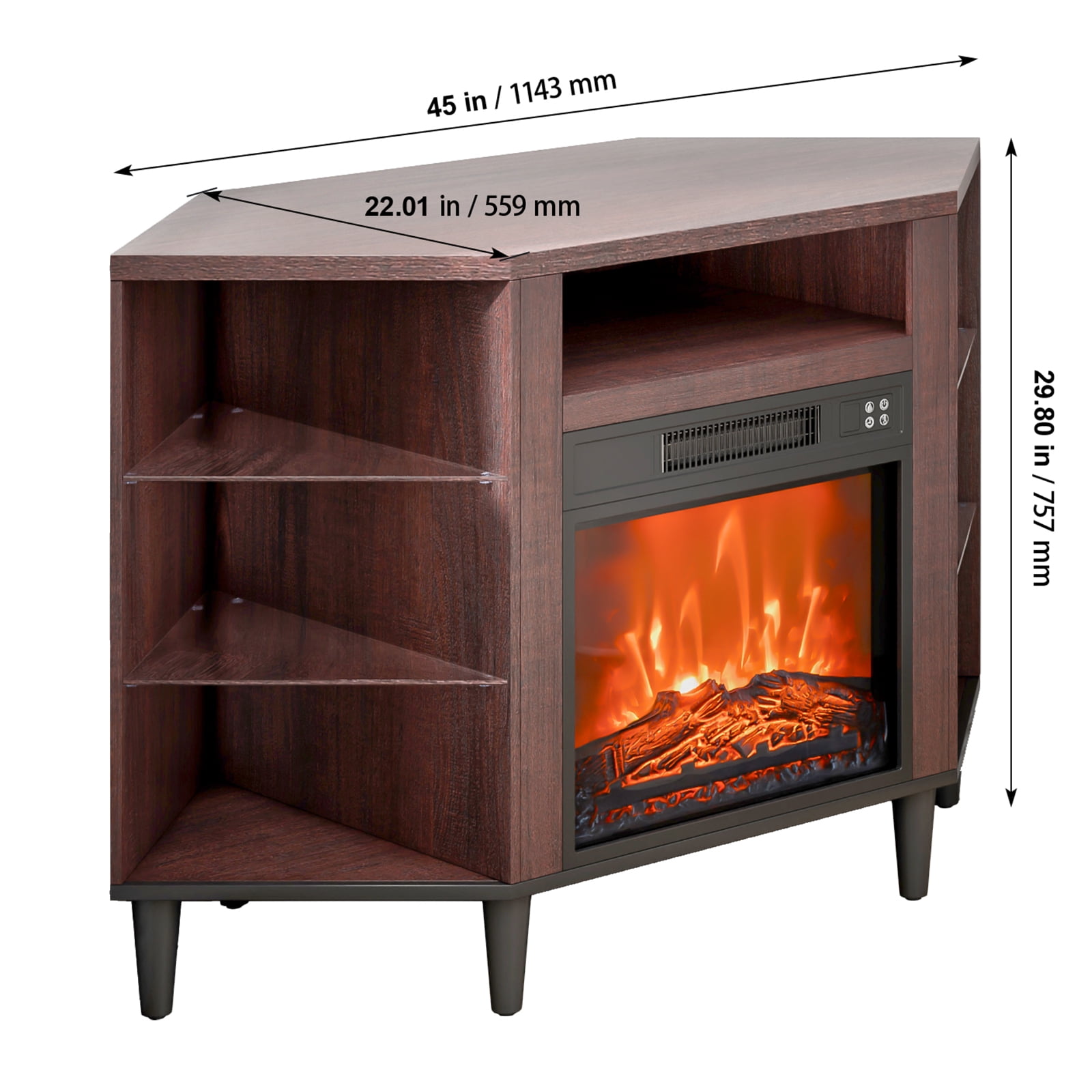 VEVOR Electric Fireplace TV Stand, Corner TV Stand for TVs up to 50", Corner Console with 18" Fireplace, Vintage Design, 20 LED Lights, Remote Control & Timer for Living Room, Brown