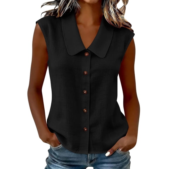 PBFRDSJ Womens Button Down Shirt Casual Lapel Collar Sleeveless Shirts Solid Color Plus Size V Neck Work Tank Tops Dressy Loose Office Business Blouse