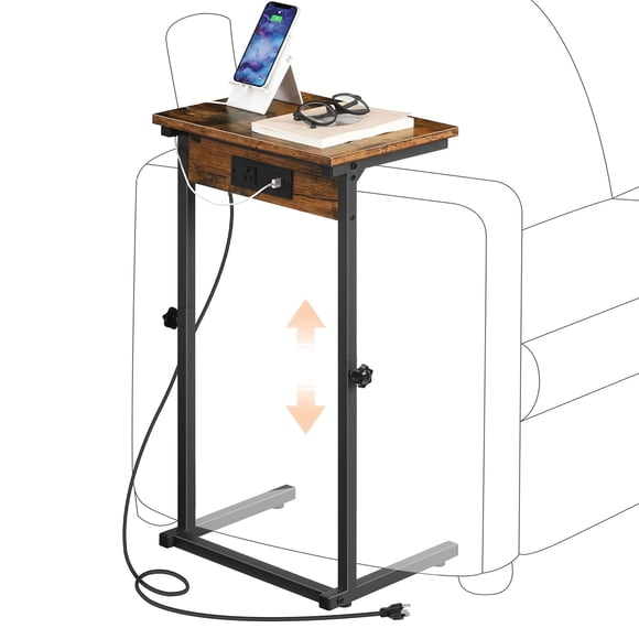 HOOBRO C-Shaped End Table with Charging Station, Adjustable Height Couch Table for Sofa Arm, Slide Under Small Tray Side Table for Small Space in Liv