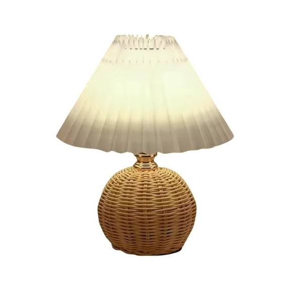 Leatfisat Small Wicker Lamp Table Pleated Lampshade Usb, Vintage Bedside For Farmhouse Decoration