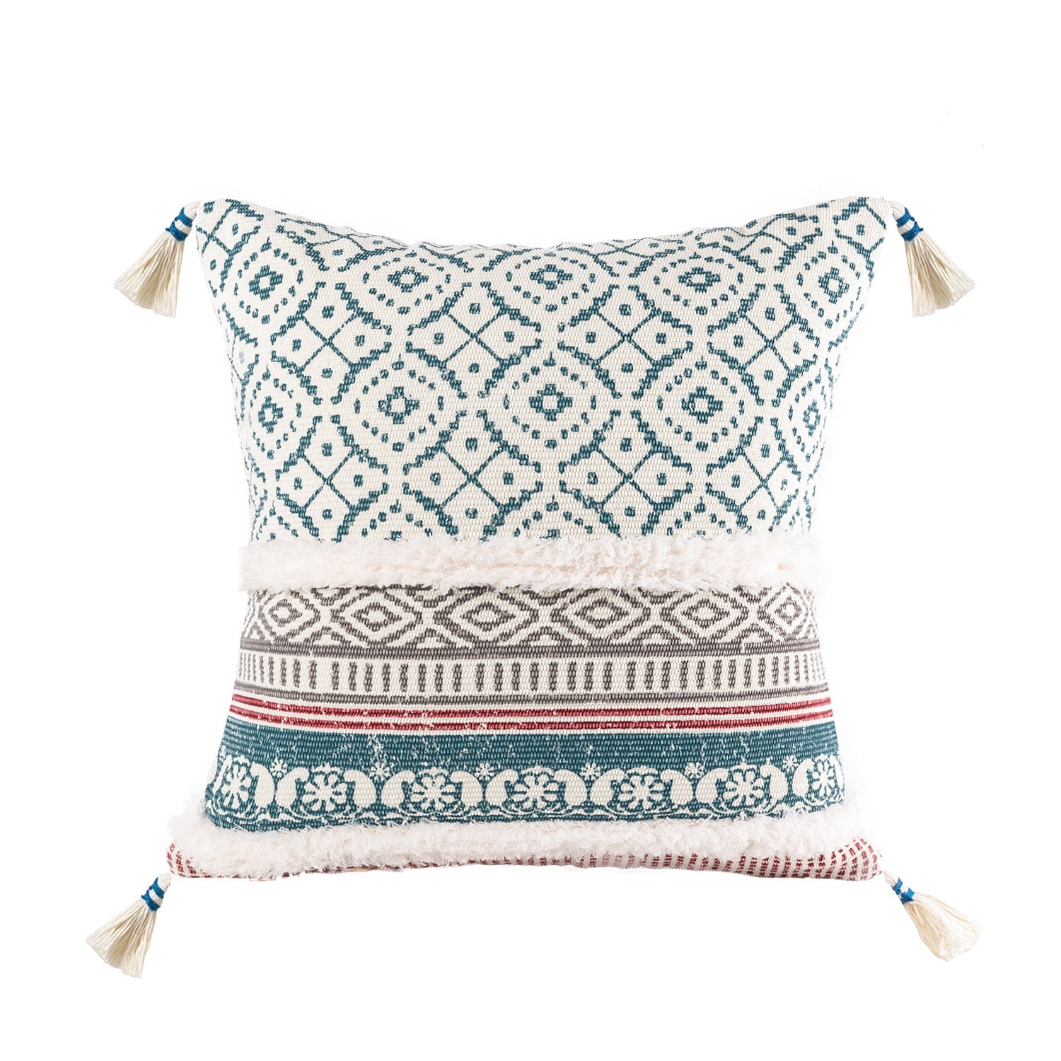 Phantoscope Printed Boho Woven Tufted with Tassel Series Decorative Throw Pillow Cover, 18" x 18", Blue, 1 Pack