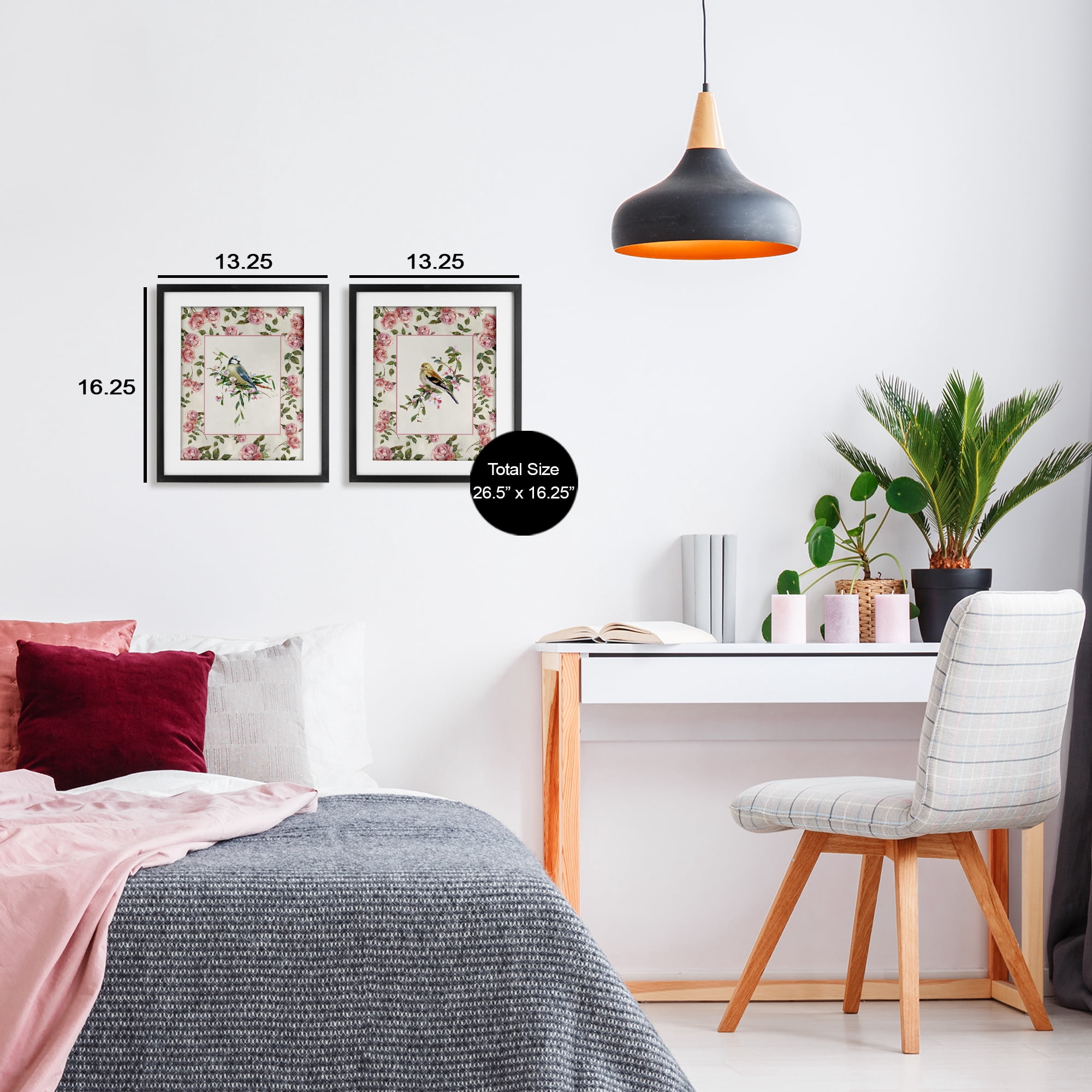 Stupell Industries Dainty Roses & Birds 2 Piece Black Framed Print Under Glass Set, design by Sally Swatland