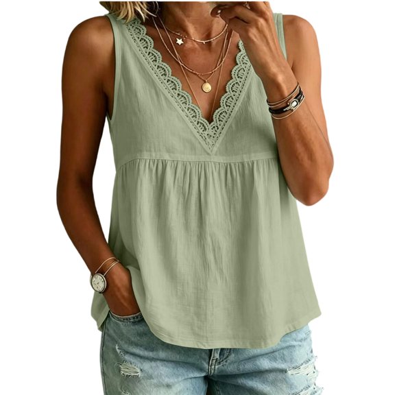 Linen Tank Tops for Women Petite Lace Trim V Neck Sleeveless Cotton Shirts Summer Casual Vacation Beach Boho Camis