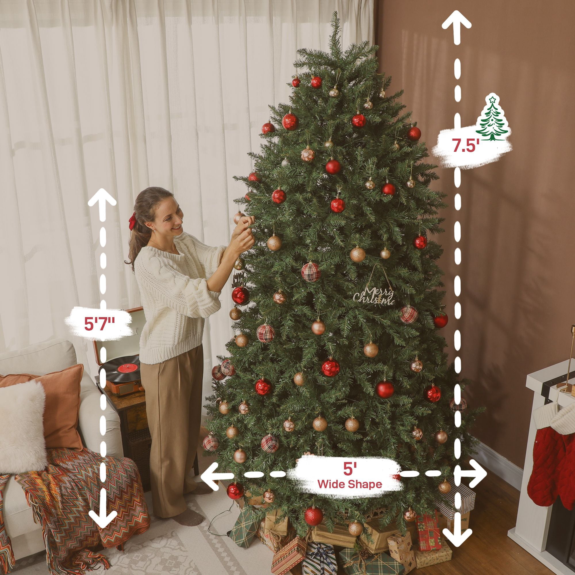 7.5 ft Prelit Christmas Tree with 698 Full-Spectrum LEDs, 2247 Tips, Smart App Control, Hinged Design, Indoor Holiday Decoration