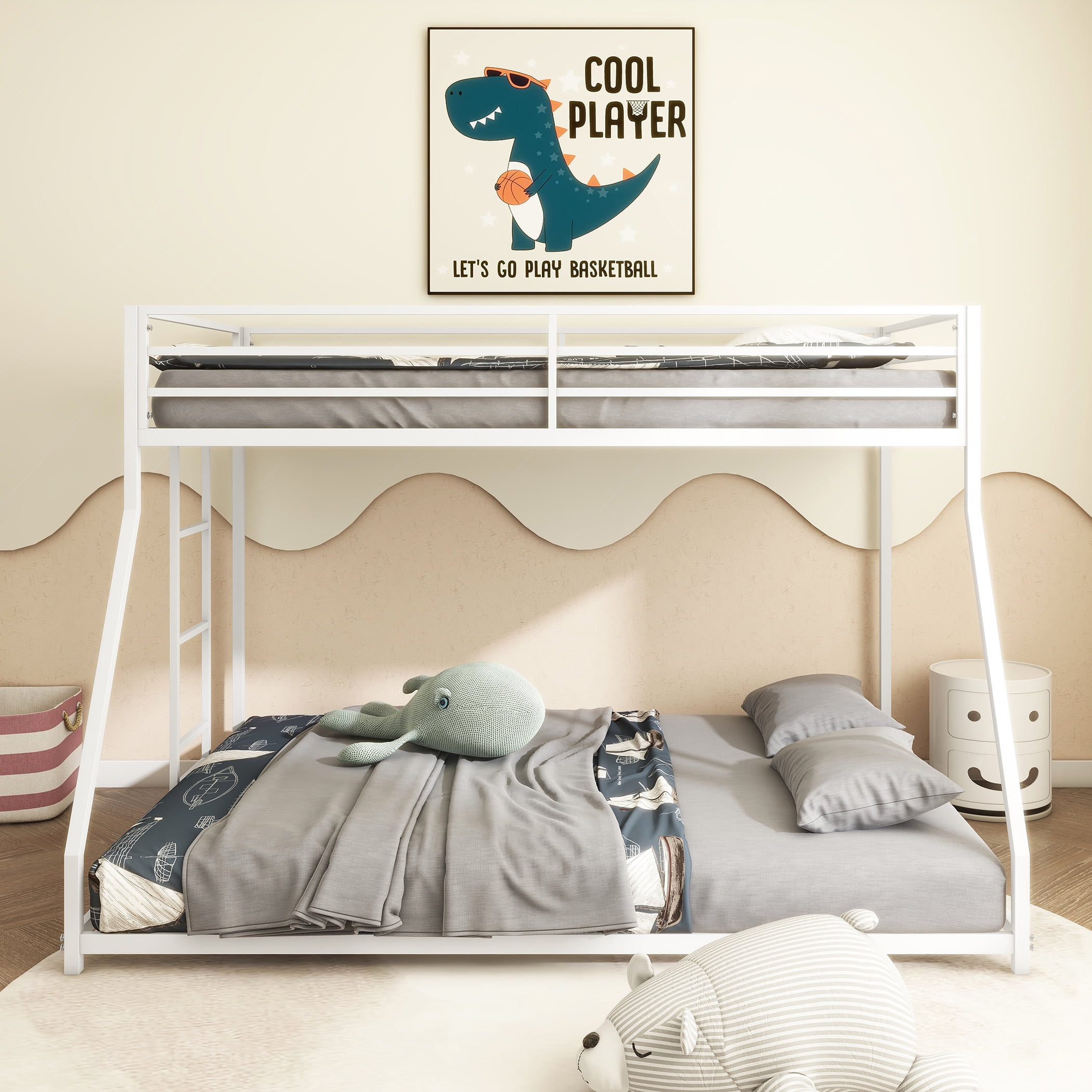 Leumius Twin over Full Size Metal Bunk Bed,with Ladder and Guardrail,Heavy Duty Metal Bed Frame,White