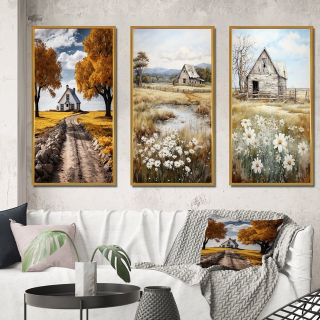 Designart "Farmhouse Rural gracefulness I" Landscape & Nature Framed Wall Art Set Of 3 - Yellow Farm Frame Gallery Set For Office Decor