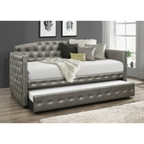 Home Design Ocean Twin Daybed with Pull-Out Trundle, Silver Faux Leather Upholstery, Diamond Button Tufting, Nailhead Trim, Elegant Modern Design