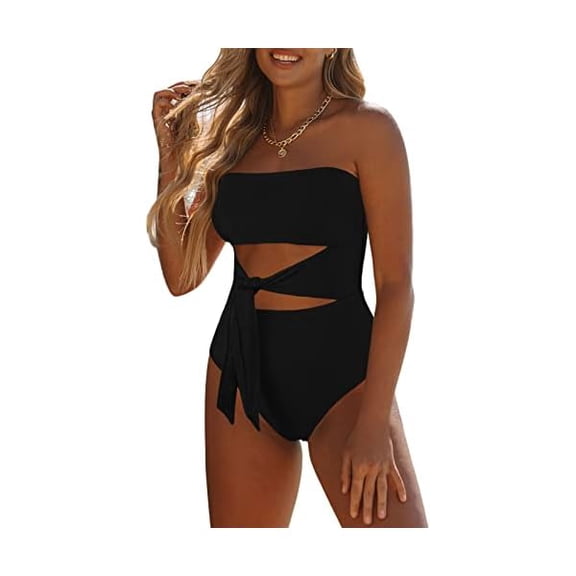 Women's Bandeau One Piece Swimsuit Strapless Tie High Cut Out Bathing Suit