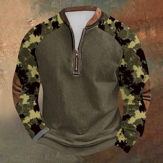 Blusas y camisas de manga larga con cuello redondo para hombre, sudadera con capucha de cuello redondo con cremallera y estampado, sudadera de manga larga, blusa de poliéster para hombre