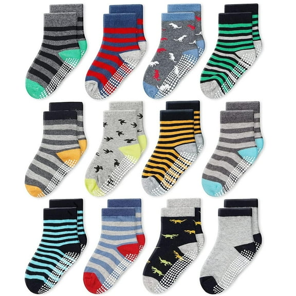 CozyWay Baby & Toddler Crew Grip Socks - Soft Combed Cotton Comfort & Non-Slip Grips - Toddler Socks with Grippers - 6-12 Months for Boys & Girls, Gray/Yellow Multicolor Pack of 12