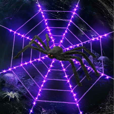 Innens 11.8ft Halloween 144 LED Purple Spider Web Lights with 35" Giant Spider Light up Cobweb Halloween Decorations for Indoor Ourdoor Garden Yard Home Patio (Black, 1Pc)