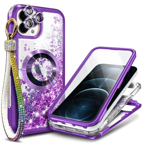 NageBee Designed for iPhone 12 / 12 Pro with [Built-in Screen Protector] Case MagSafe Compatible With Diamond Wrist Strap Lanyard, Glitter Floating Liquid Cute Case (Purple)