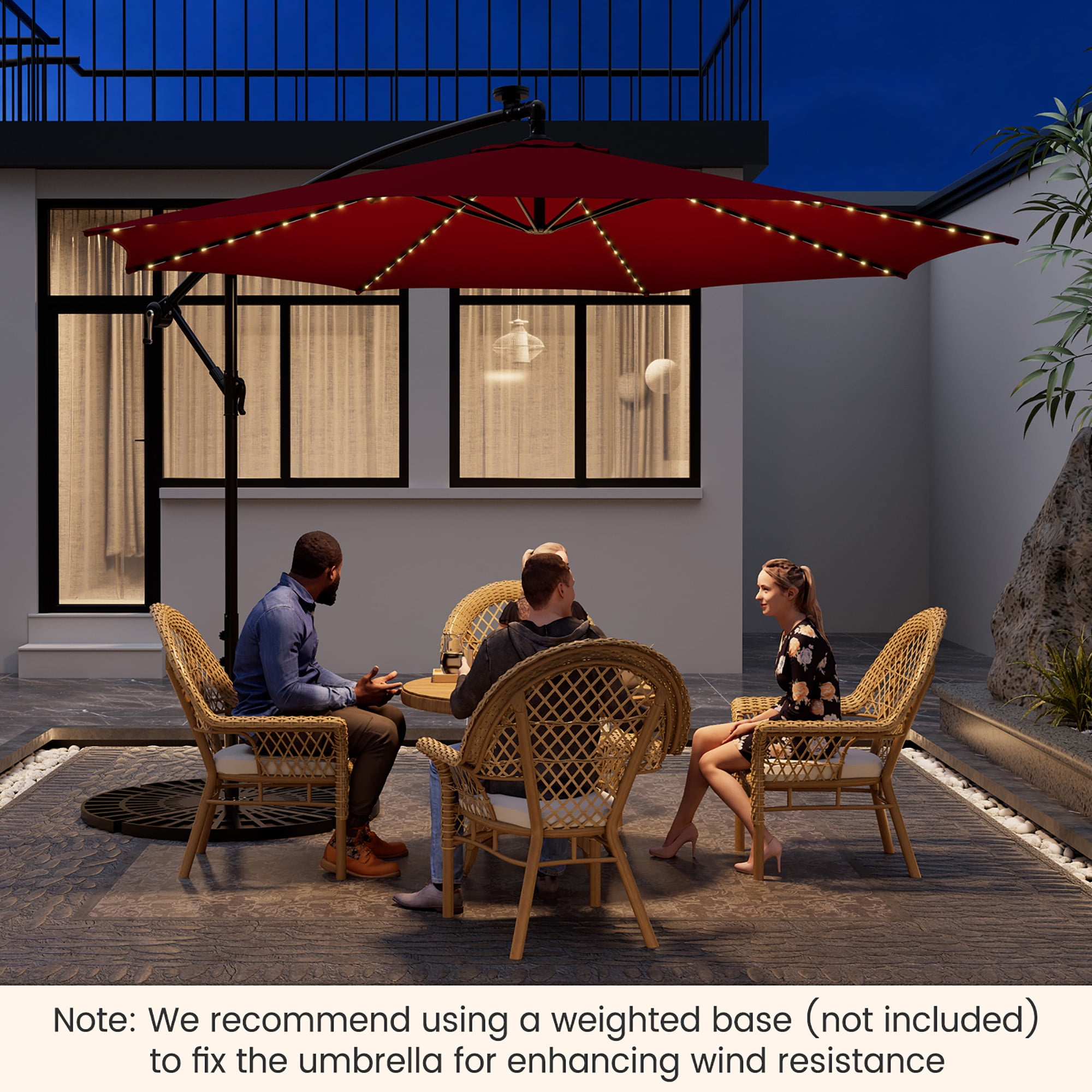 Costway 10ft Red Octagon Patio Solar-Lighted 112 LED Cantilever Offset Umbrella, Fade Resistant