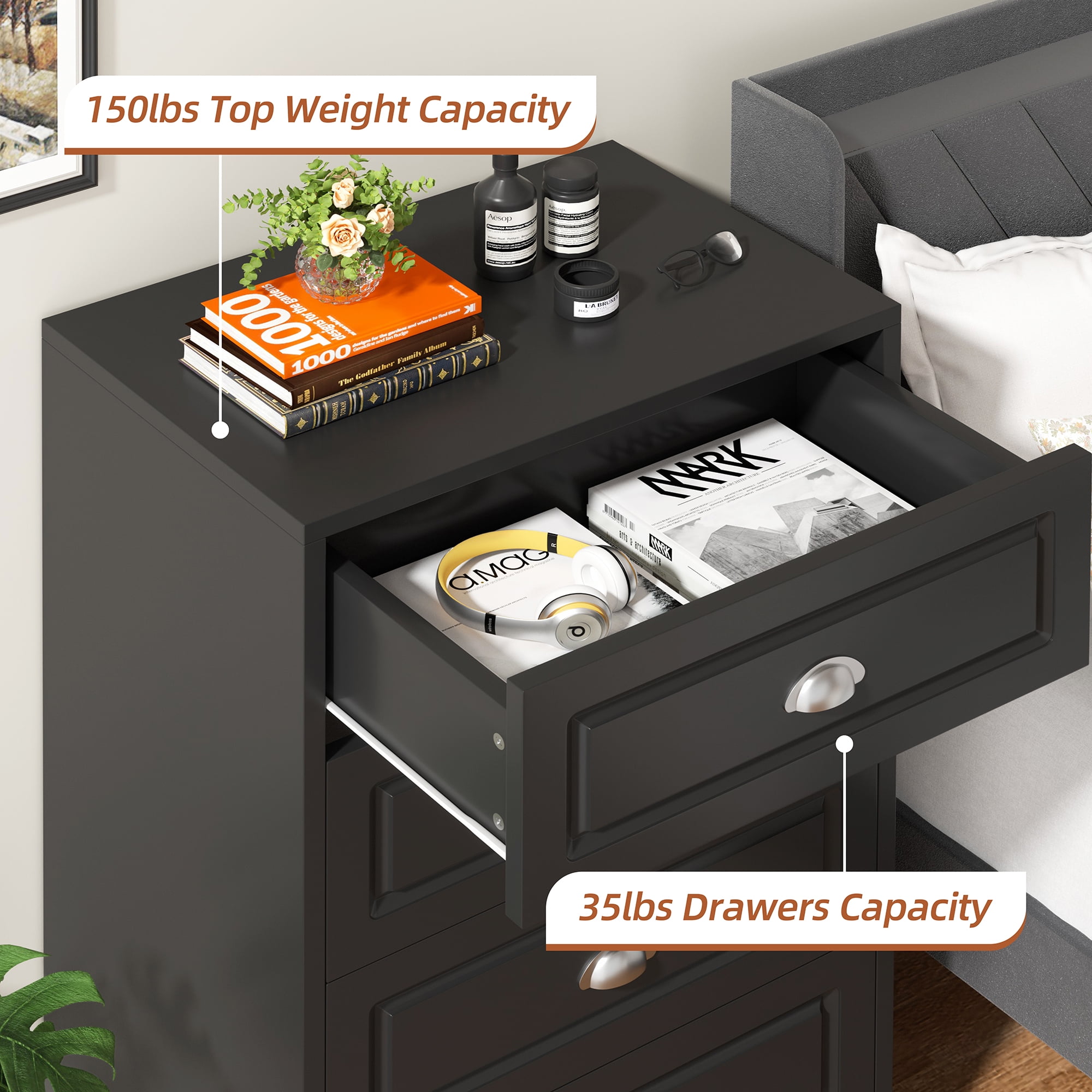 Walsunny 4 Drawer Dresser for Bedroom, Modern Wood Chest of Handle-Drawers, Storage Cabinet Organizer, Wooden Dresser for Bedroom Living Room Closet Entryway, Black
