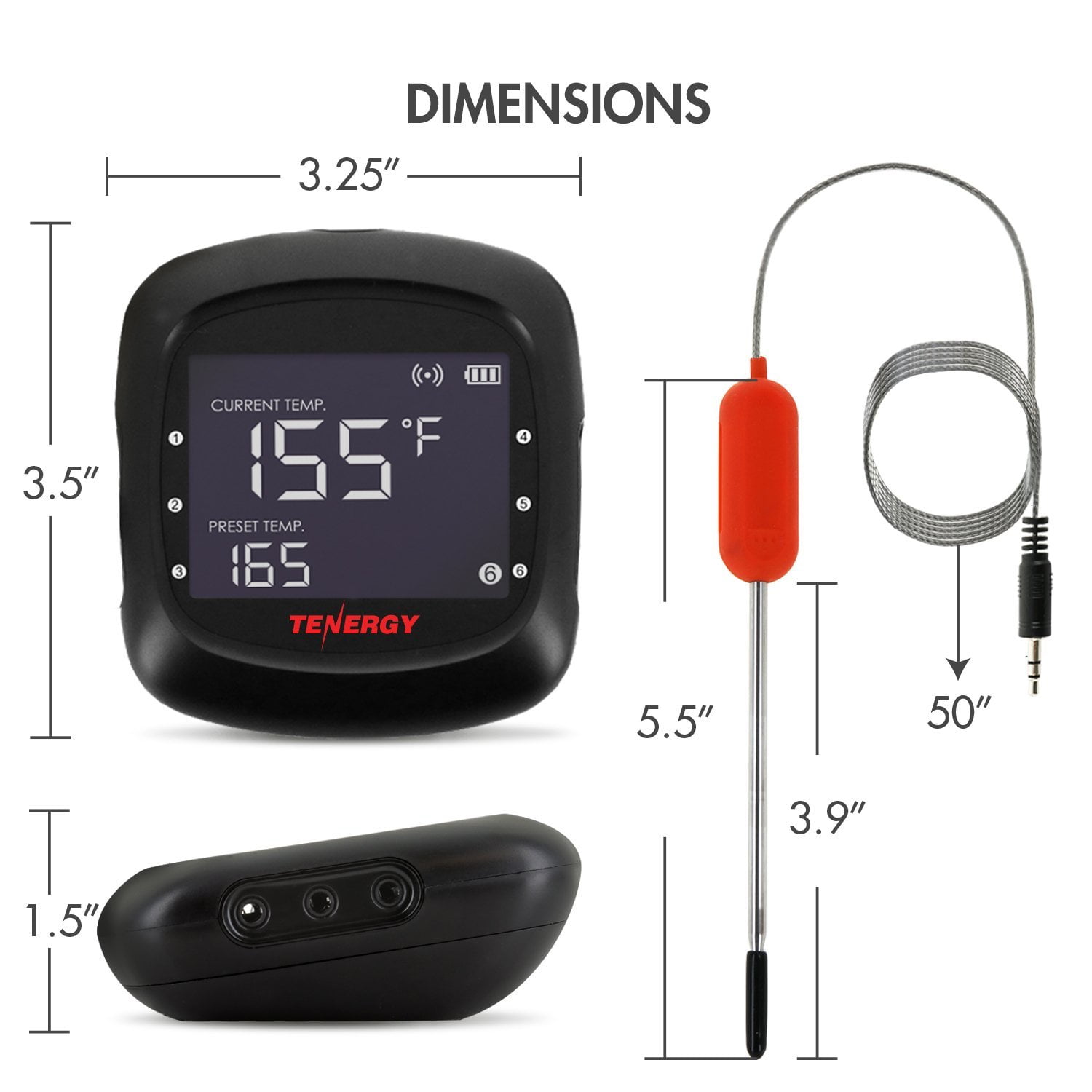 Tenergy Solis Digital Meat Thermometer, APP Controlled Wireless Bluetooth Smart BBQ Thermometer with 2 Stainless Steel Probes and Large LCD Display, Cooking Thermometer for Grill and Smoker