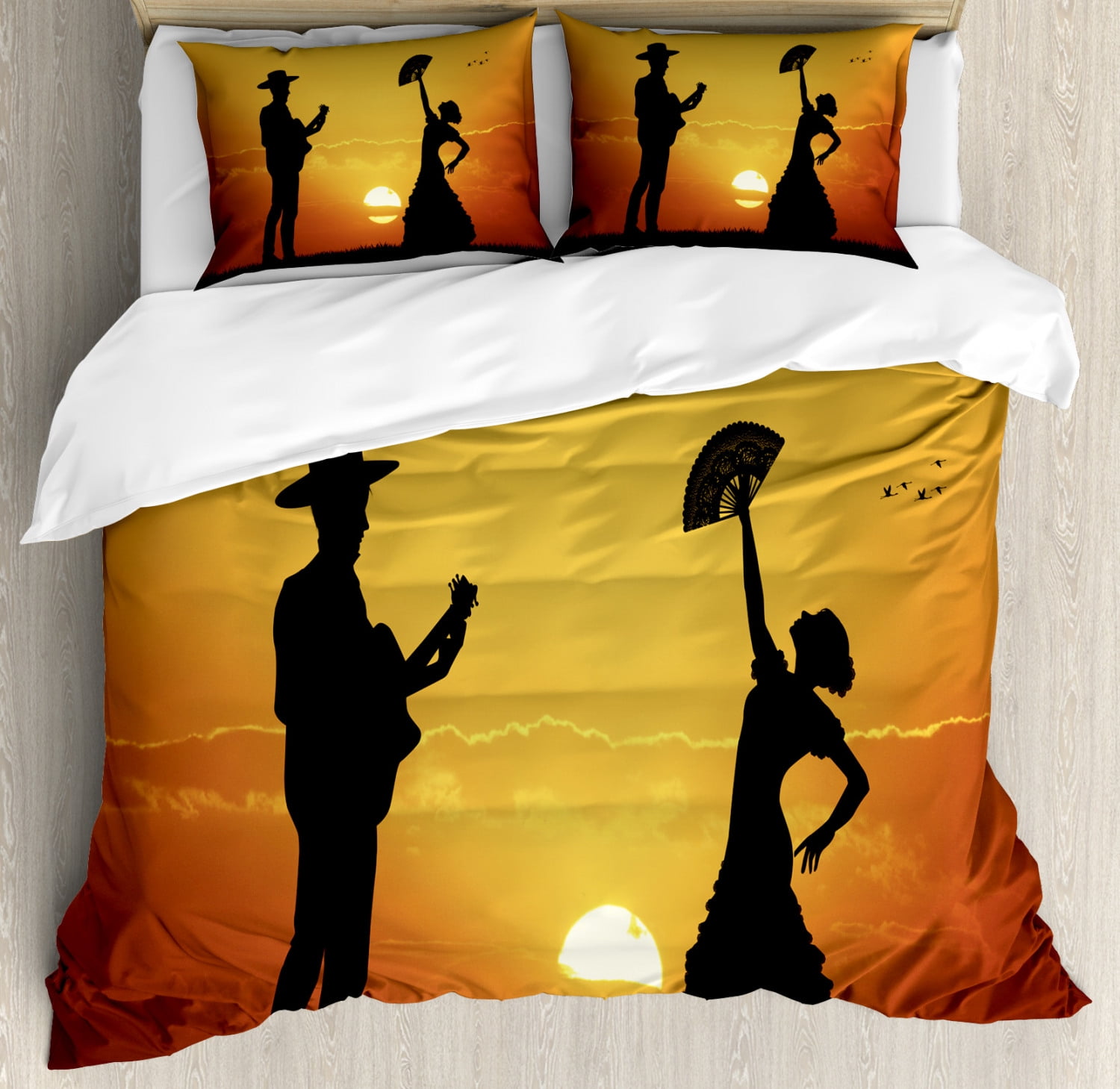 Spanish Duvet Cover Set Queen Size, Flamenco Couple Dancer and