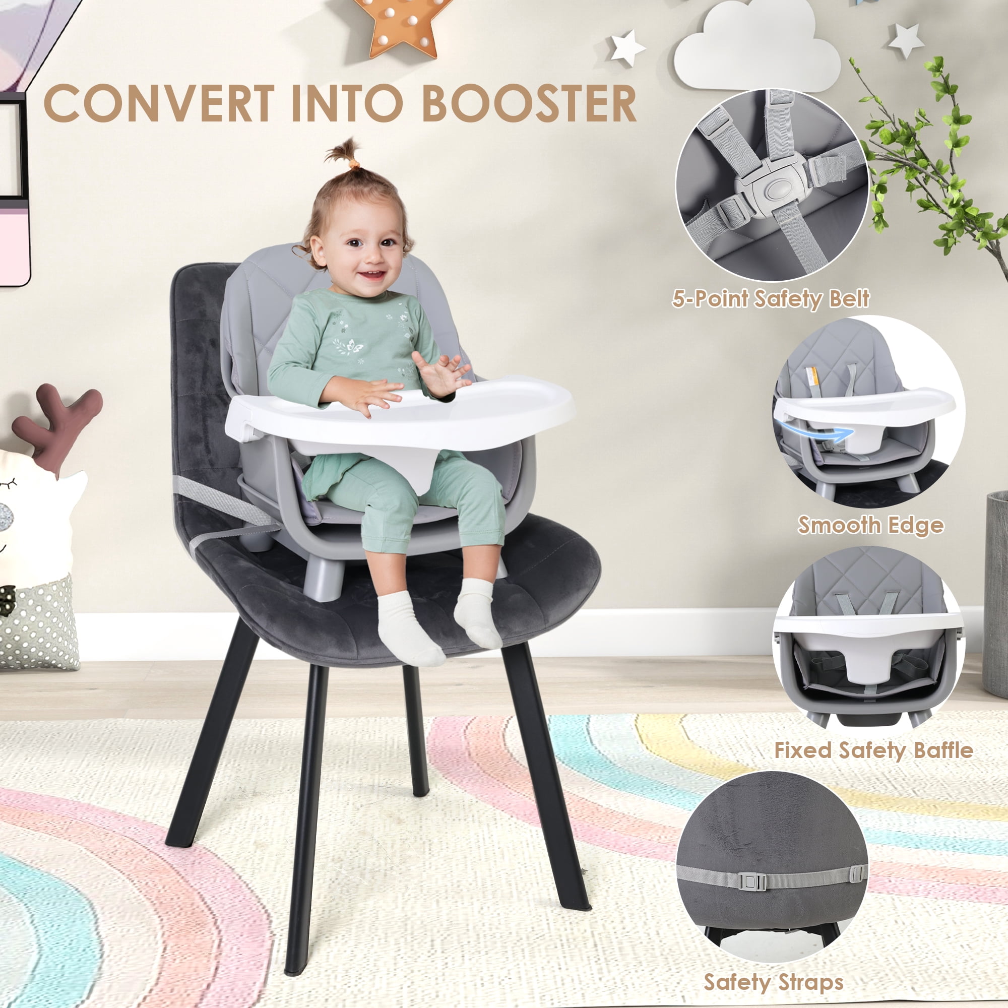 LINLUX Wood Baby High Chair, 7 in 1 Convertible Highchair, Infant Feeding Chair, Toddler Chair Gray