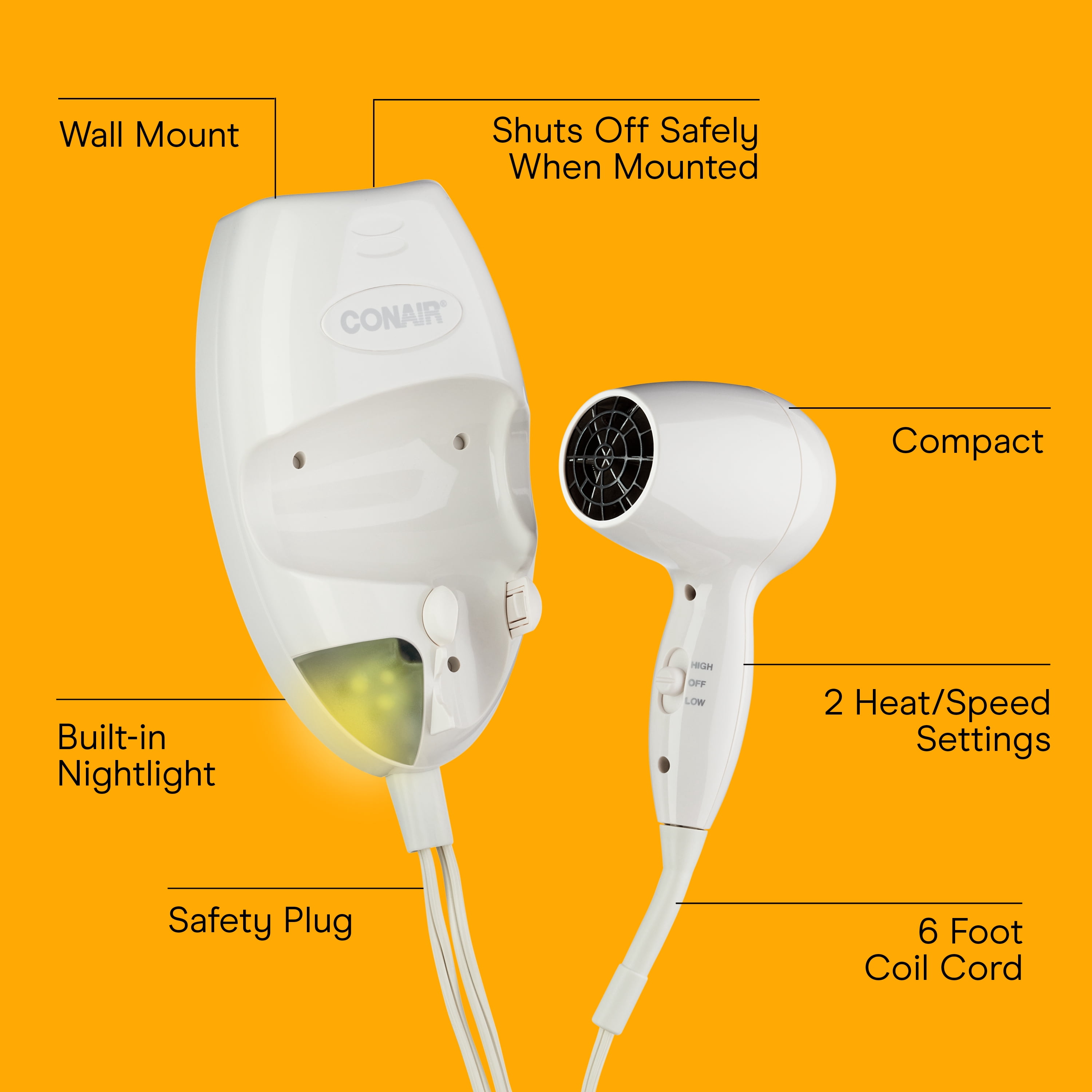 Conair 1600 Watt Wall-Mount Hair Dryer with LED Nightlight, White