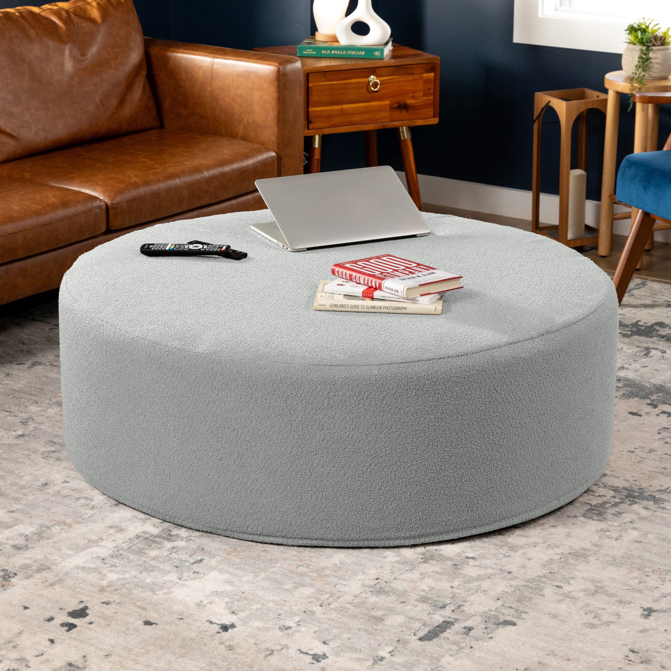 Jaxx Candler Round Coffee Table Ottoman, Oversized, 44-Inch, Boucle Silver