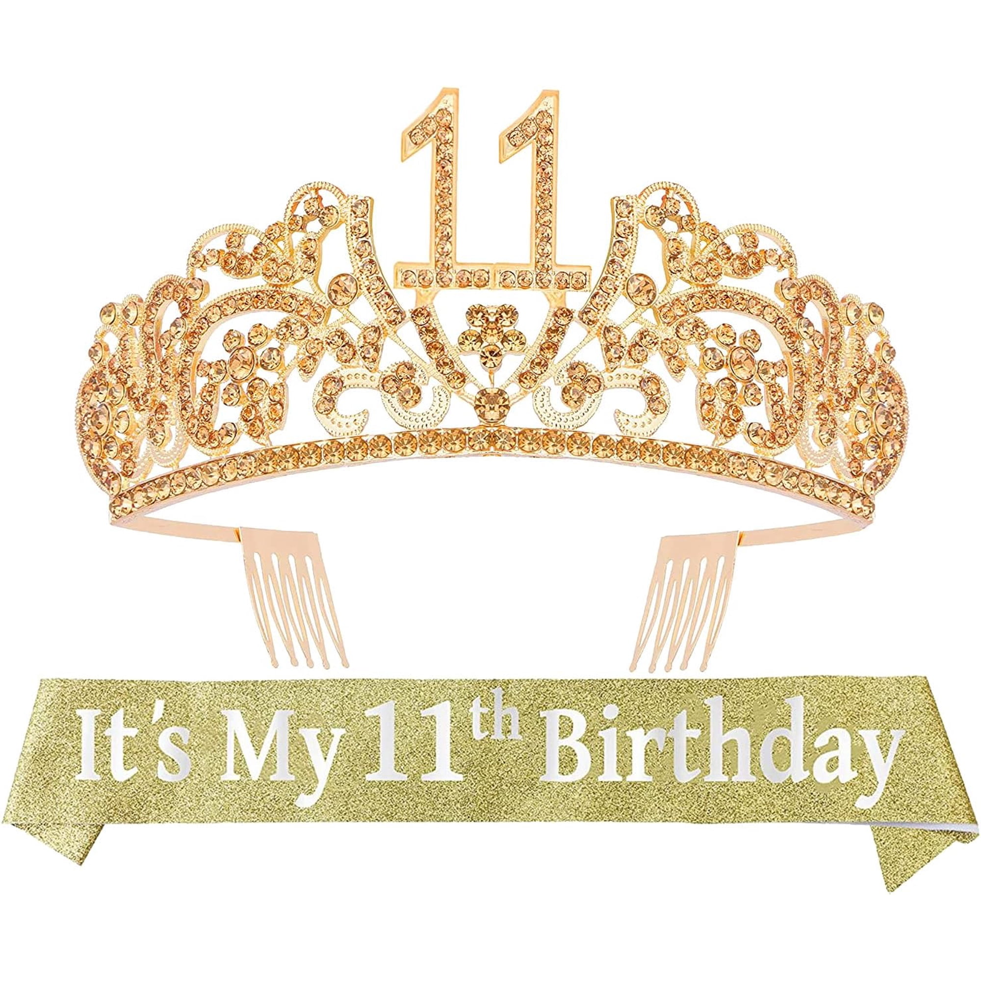 11th Birthday Glitter Sash & Gold Tiara Set - Fabulous Rhinestone Flowers Princess Party Gifts