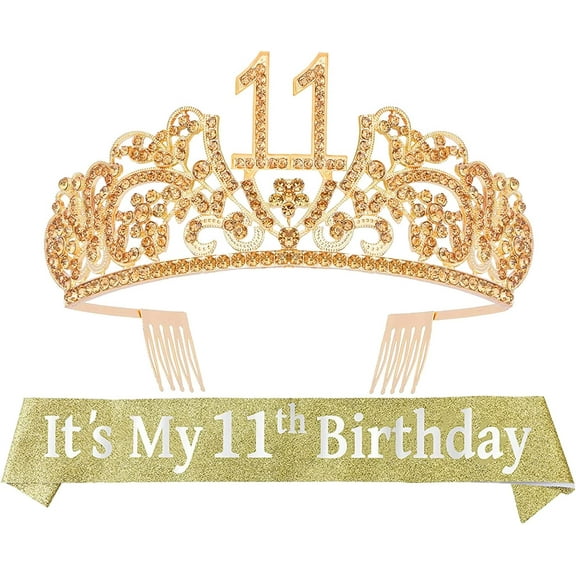 11th Birthday Glitter Sash & Gold Tiara Set - Fabulous Rhinestone Flowers, Princess Party Gifts