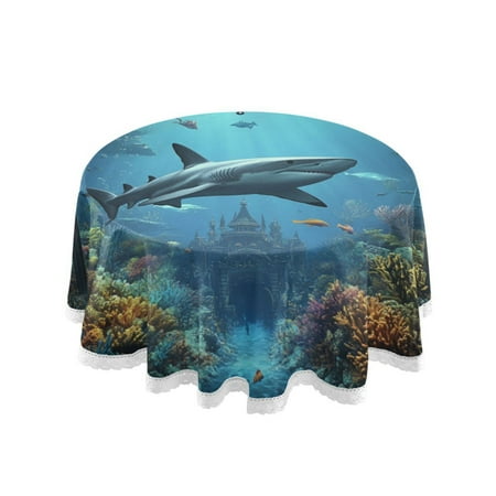 

60 Round Tablecloth with White Lace Trim Wrinkle & Heat-Resistant Table Cover for Dining and Home Decor Underwater Scene