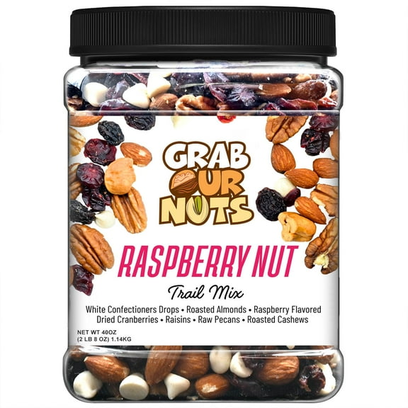 Grab Our Nuts Raspberry Nut Trail Mix 40 Ounce Jar: White Confectioners Drops, Roasted Almonds, Raspberry Flavored Dried Cranberries, Raisins, Raw Pecans, Roasted Cashews