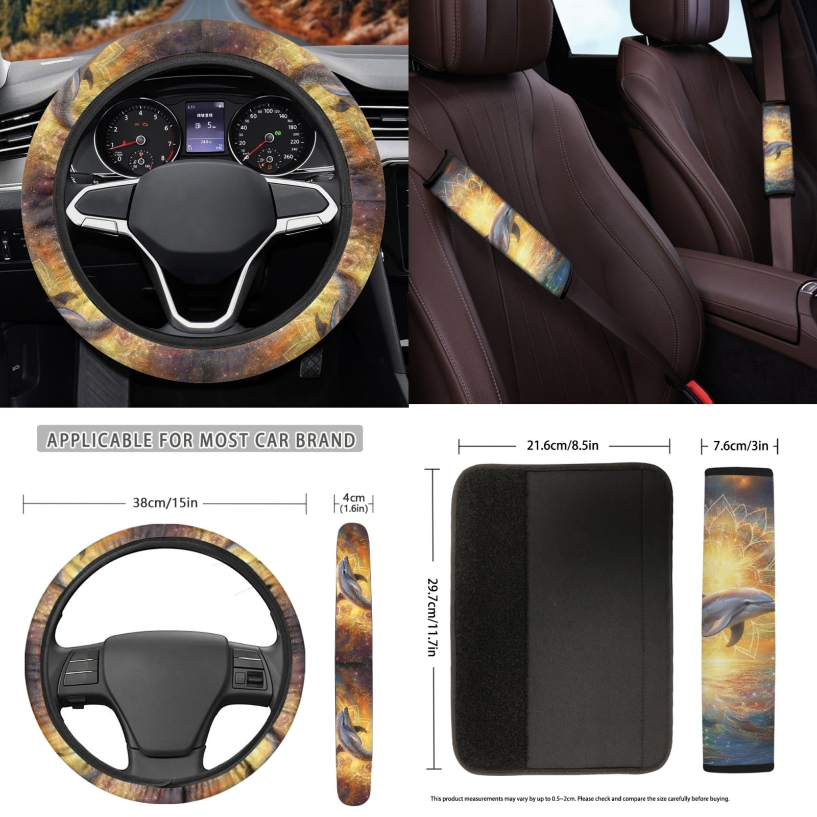 Yuyamidu Dolphin Car Front Back Seat Covers Boho Mandala Flower Car Carpet Mats Steering Wheel Cover Seat Belt Pad Handbrake Cover Set Coasters, Set of 15