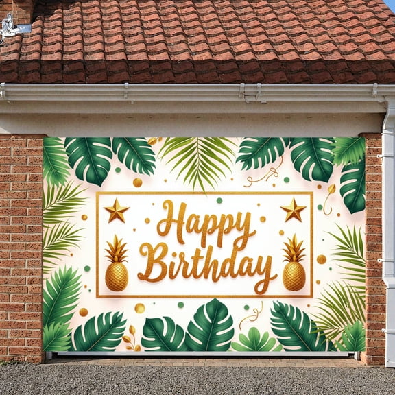 Tropical Theme Banner Golden Glitter Pineapple Backdrop Palm Leaves Gold Border Jungle Background for Birthday Party Tropical Party Summer Gathering