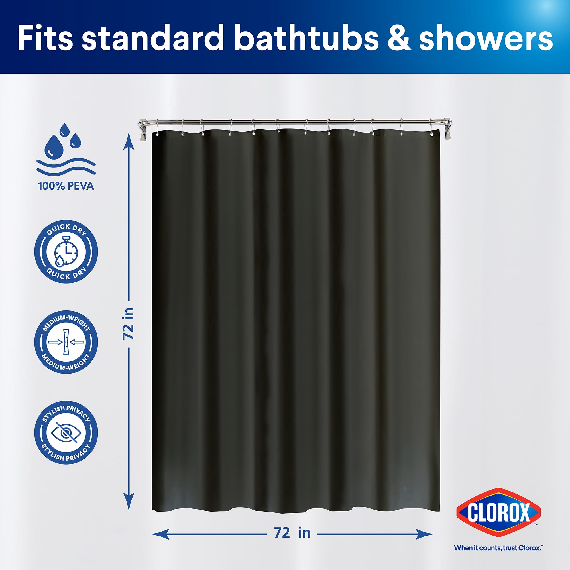 Clorox Shower Curtain Liner, Waterproof 6g PEVA w Magnets, Standard 72" x 72", Black 1 Pack