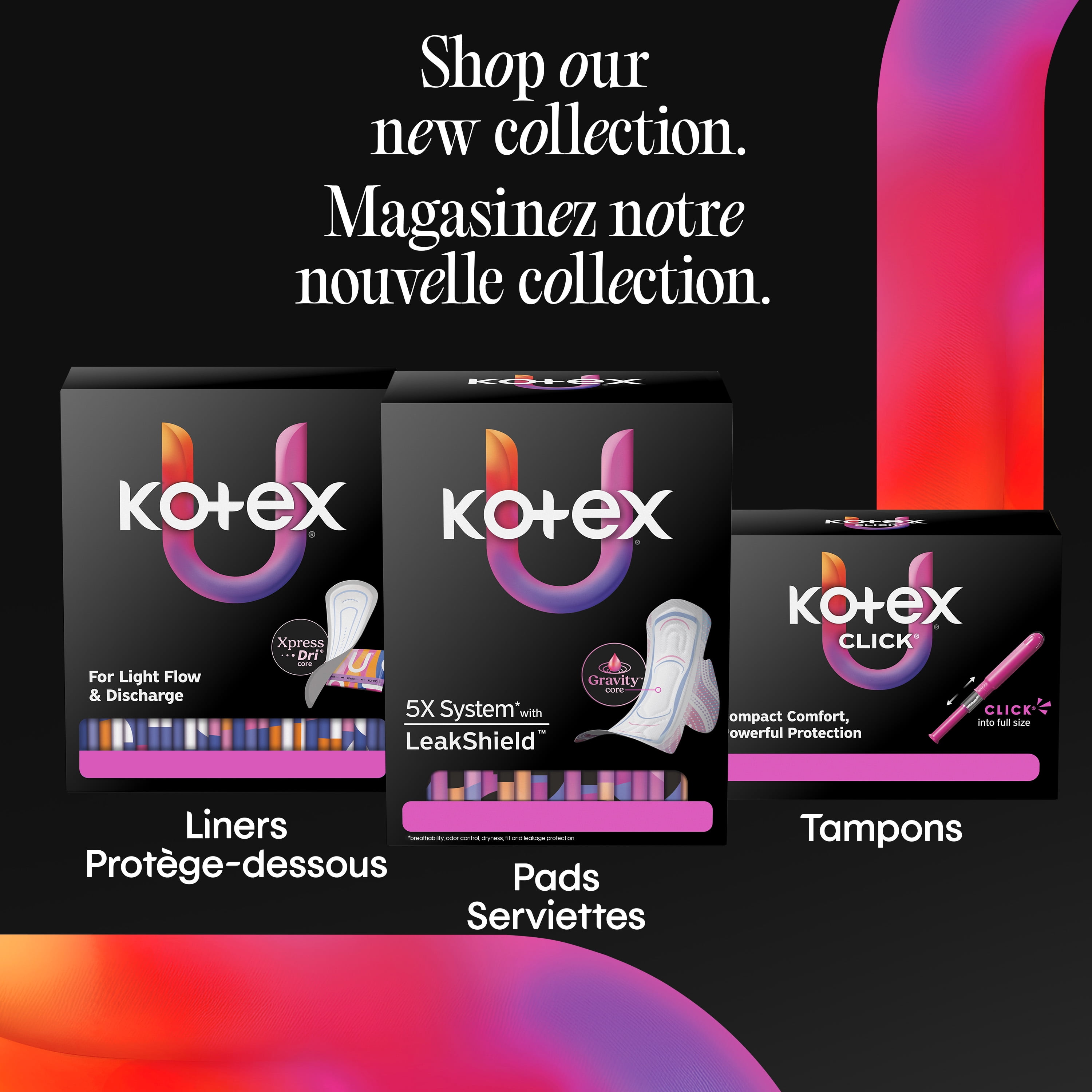 Protège-dessous pour le quotidien emballés Kotex, absorption légère, minces, 162 unités