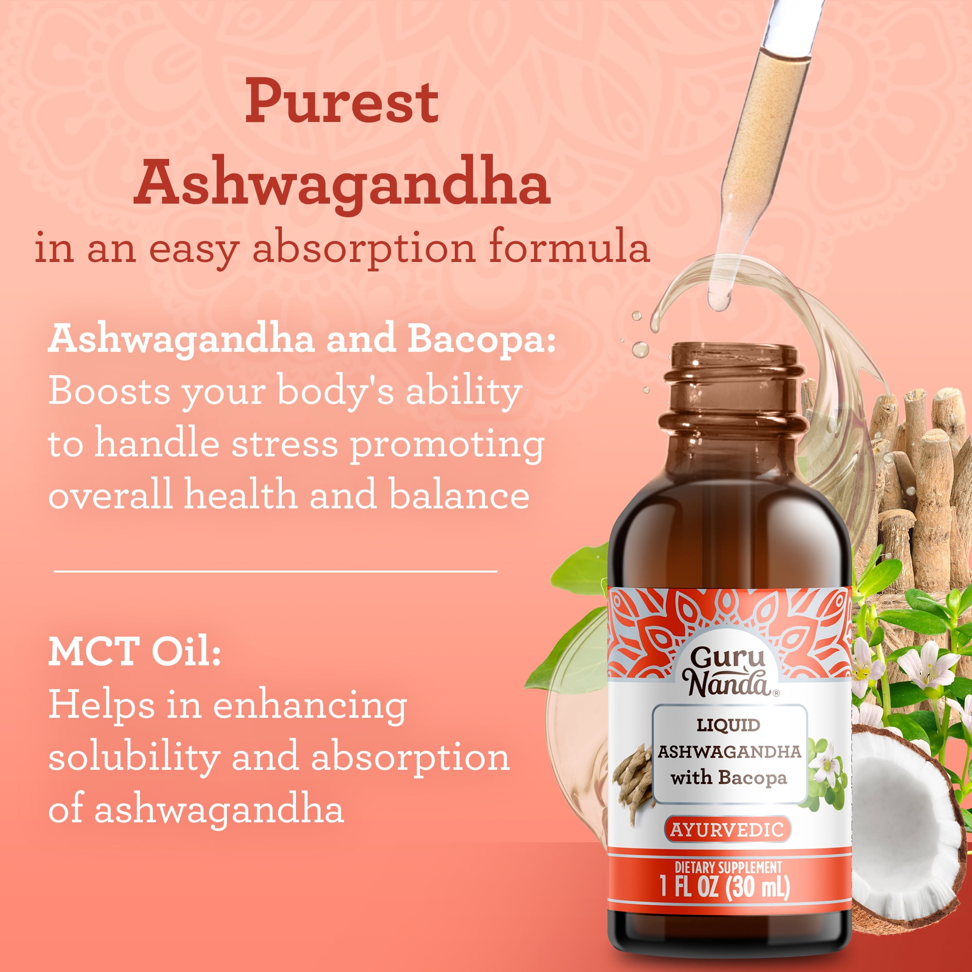 GuruNanda Liquid Ashwagandha and Bacopa Dietary Supplement for Adults - 1 oz