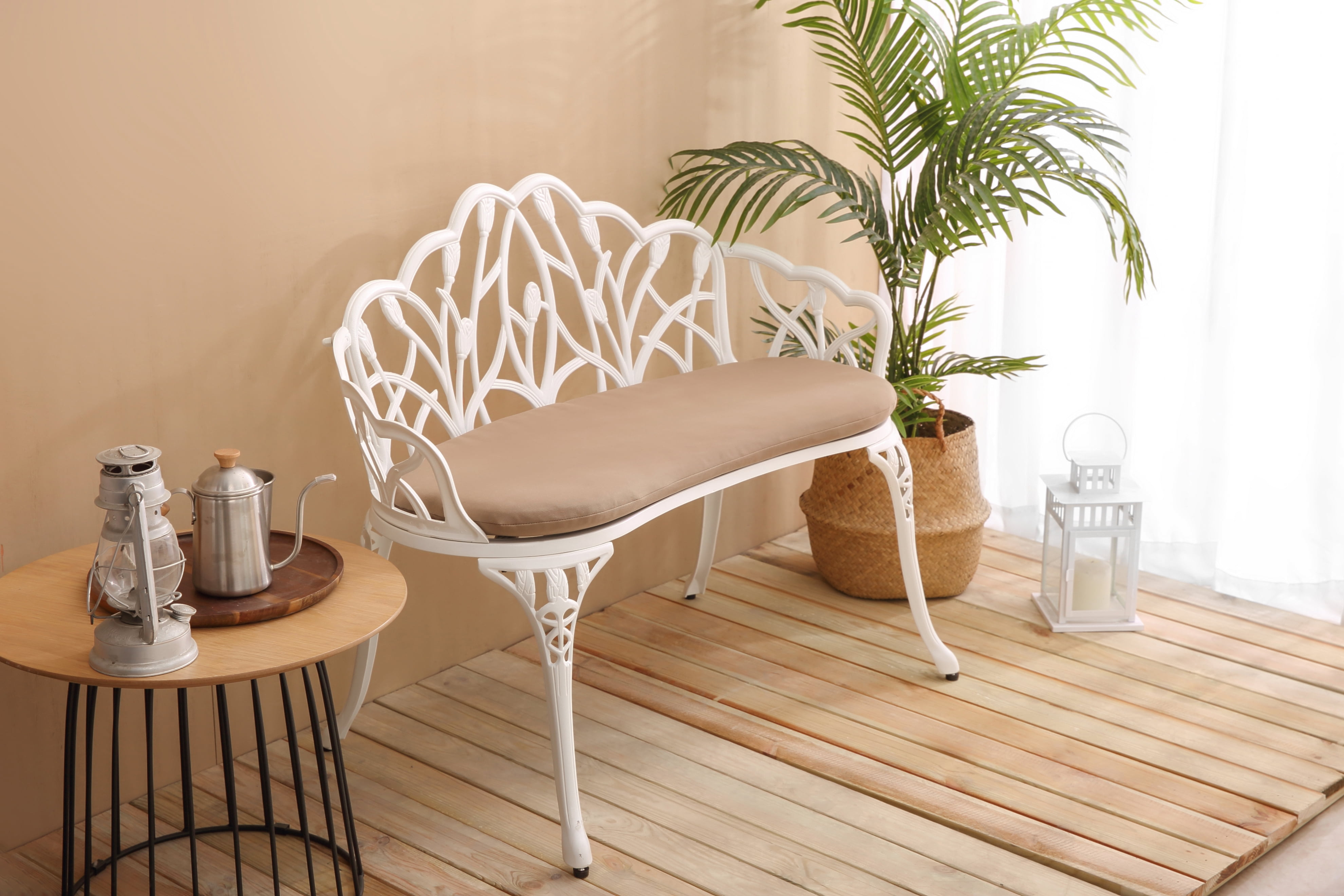 Patio Garden Bench Metal Park Bench Cast Aluminum Outdoor Furniture with Floral Rose for Patio, Park, Lawn, Yard with Cushion