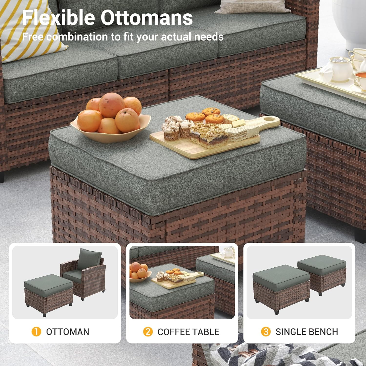 ELPOSUN 7 Pieces Outdoor Patio Furniture Set with Fire Pit Table, Outdoor Wicker Sectional Patio Conversation Set with Ottoman for Garden, Poolside, Backyard, Gray Cushion
