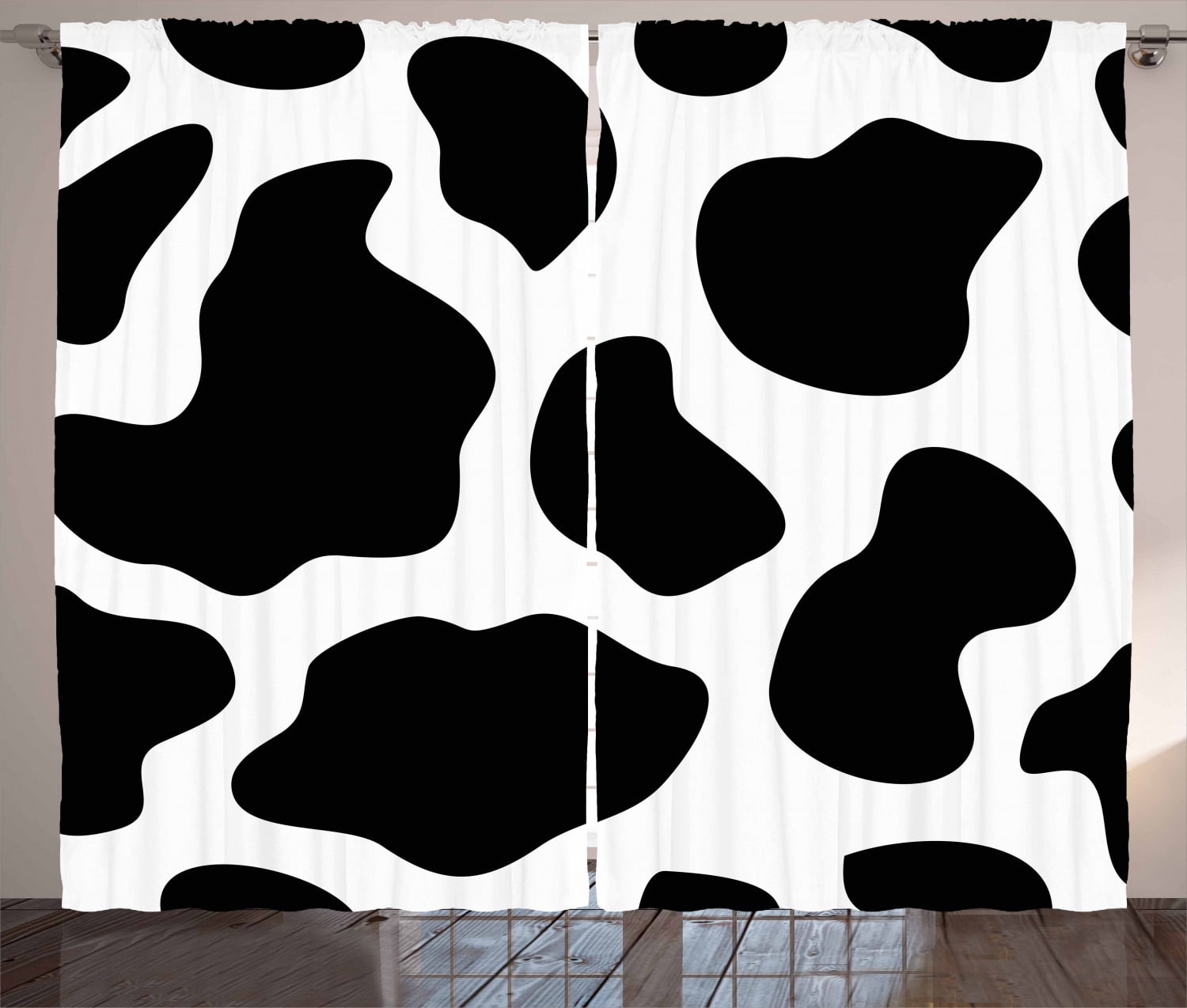 Cow Print Curtains 2 Panels Set, Hide of a Cow with Black Spots Abstract and Plain Style Barnyard Life Print, Window Drapes for Living Room Bedroom, 108W X 84L Inches, Black White, by Ambesonne