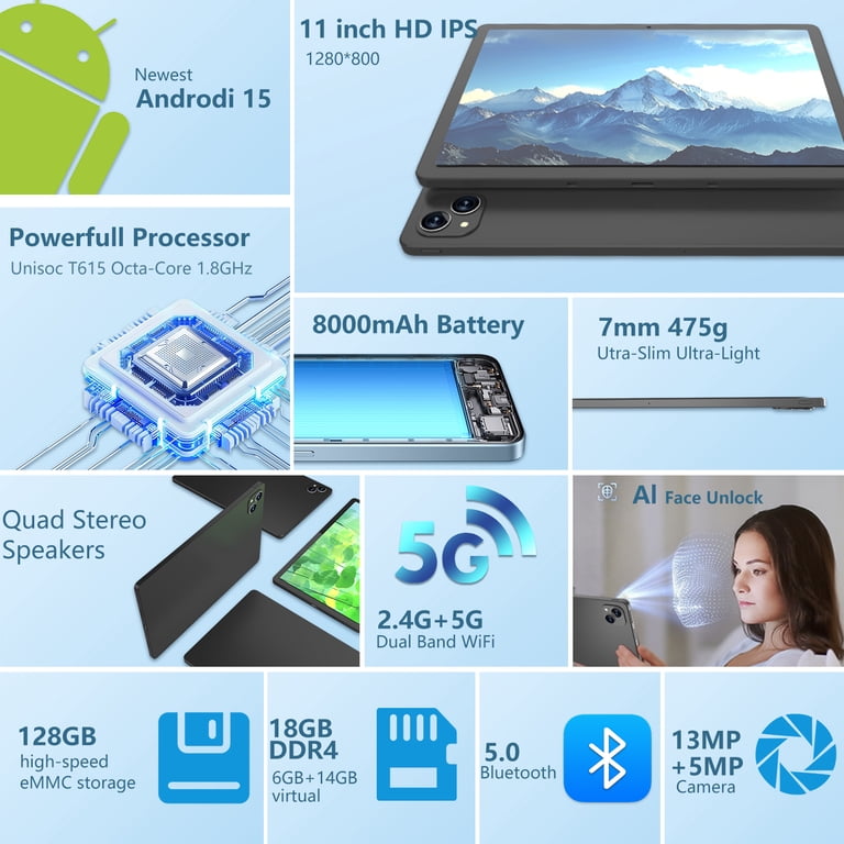 11 inch Android 15 Tablet with Keyboard 20GB RAM 128G Storage