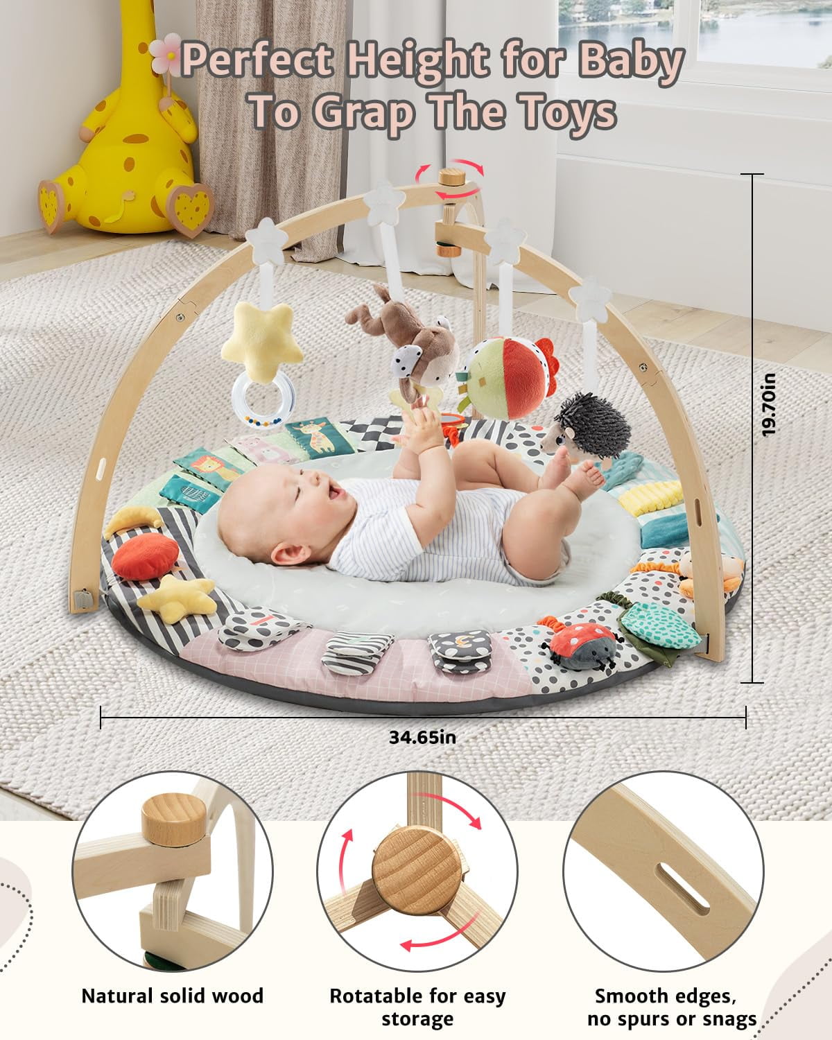 PRVAETU Wooden Baby Gym Play Mat, Foldable Tummy Time Playmat W/ 7 Detachable Toys for Infant Newborn Toddler Motor Skills Sensory Development,Green