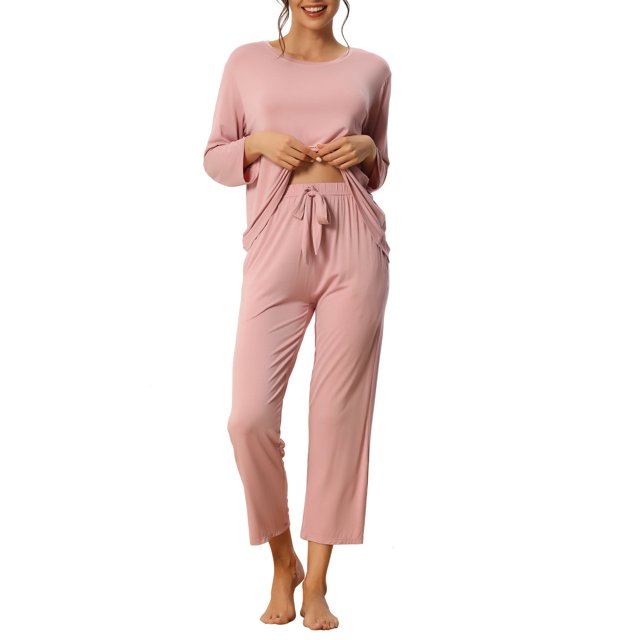 INSPIRE CHIC Women's Loose Soft Modal Pajama Sets Sleepwear Long Sleeve Shirt and Wide-leg Sleep Pants M Pink
