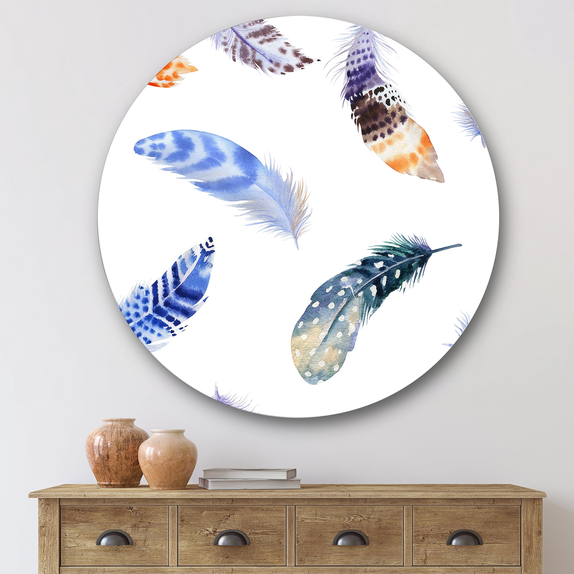 Designart 'Colourful Boho Feather Set On White VII' Bohemian & Eclectic Circle Metal Wall Art 36x36 - Disc of 36