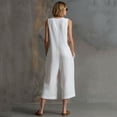 thumbnail image 5 of Long Sleeve Romper Women's Cropped Jumpsuit, Sleeveless Linen Round Neck Button Front Wide Leg Pants with Pockets, Summer Casual Daily Travel Wear White L, 5 of 6
