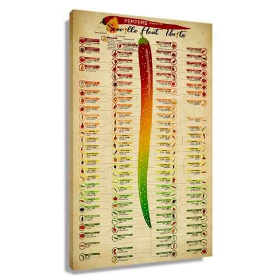 Chili Knowledge Poster Scoville Heat Units Pepper Chart Poster Living Room Canvas Artwork for Office Home Decor Framed 16×24 in