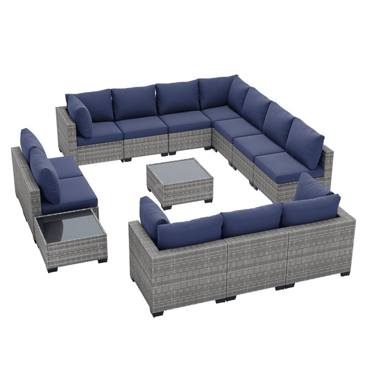 FHFO 14-Piece Patio Furniture Set,Wicker Outdoor Conversation Sectional Sofa with 2 Coffee Tables, for Backyard, Poolside & Garden, Gray&Blue